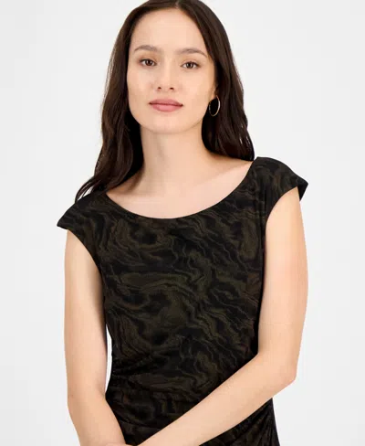 Connected Petite Printed-mesh Cap-sleeve Midi Dress In Multi