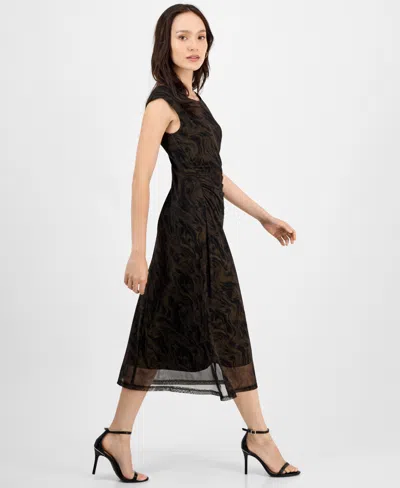 Connected Petite Printed-mesh Cap-sleeve Midi Dress In Multi