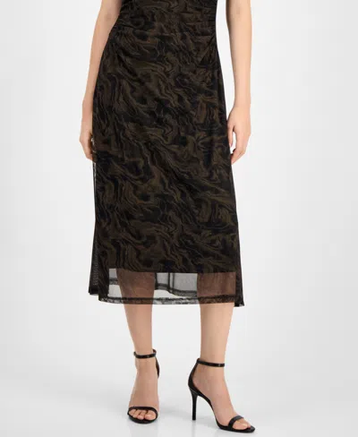 Connected Petite Printed-mesh Cap-sleeve Midi Dress In Multi