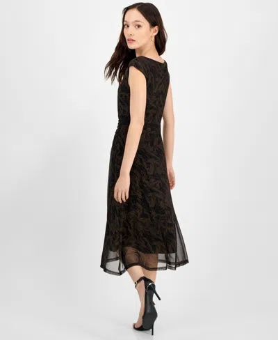 Connected Petite Printed-mesh Cap-sleeve Midi Dress In Multi