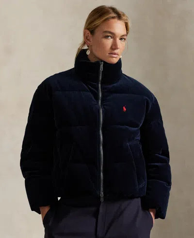 Polo Ralph Lauren Navy Blue Corduroy Puffer Jacket In Blue