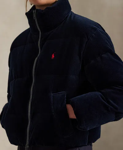 Polo Ralph Lauren Navy Blue Corduroy Puffer Jacket In Blue