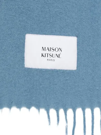 Maison Kitsuné Rectangular Scarf Fringed Edges In Blue