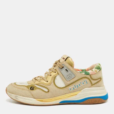 Pre-owned Gucci Gold/white Mesh Glitter And Leather Ultrapace Low Top Sneakers Size 41