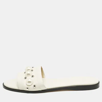 Pre-owned Jimmy Choo White Leather Minea Embellished Flat Slides Size 39