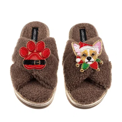 Laines London Women's Brown / Neutrals Laines Boucle Slippers With Christmas Chihuahua & Paw Brooches - Mink In Brown
