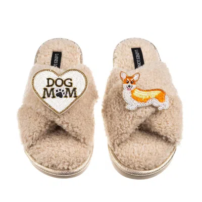 Laines London Women's Brown / Neutrals Boucle Slippers With Dog Mum/mom & Peach The Corgi Brooches - Oatmeal In Brown