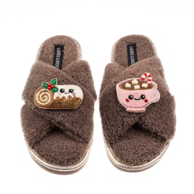 Laines London Women's Brown / Neutrals Laines Boucle Slippers With Christmas Lovable Yule Log & Hot Chocolate Broo In Brown