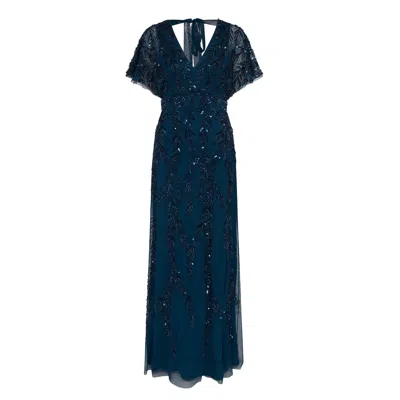 Raishma Women's Serenity A Flattering V Neckline, Tie Up Back, Cap Sleeve & All Over Hand Embellishments Blu In Blue