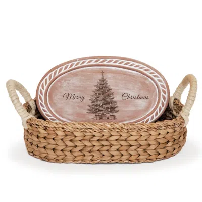 Korissa Neutrals Bread Warmer & Basket - Christmas Tree Oval In Pink