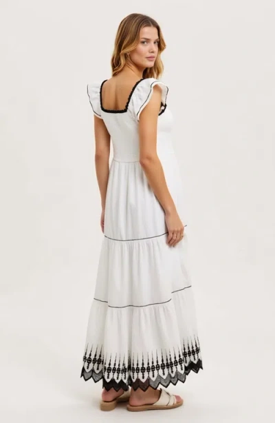 Modenaire Smocked Bodice Tiered Maxi Dress With Flutter Sleeves And Embroidered Hem In White