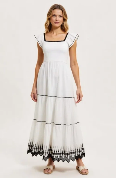 Modenaire Smocked Bodice Tiered Maxi Dress With Flutter Sleeves And Embroidered Hem In White