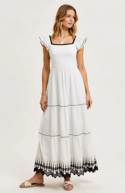 Modenaire Smocked Bodice Tiered Maxi Dress With Flutter Sleeves And Embroidered Hem In White