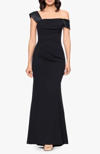 Betsy & Adam Ruched Off The Shoulder Scuba Column Gown In Black