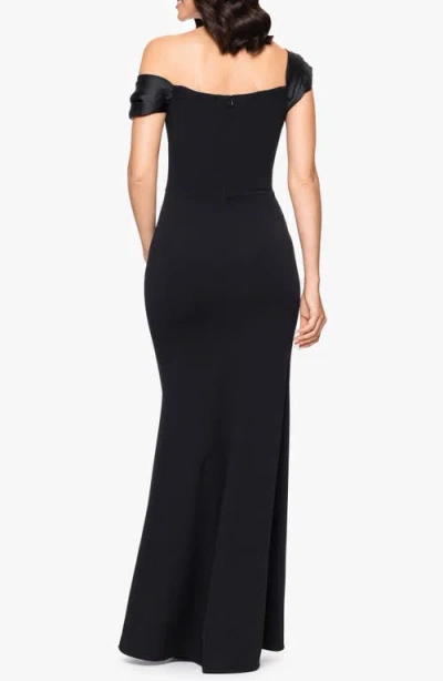 Betsy & Adam Ruched Off The Shoulder Scuba Column Gown In Black