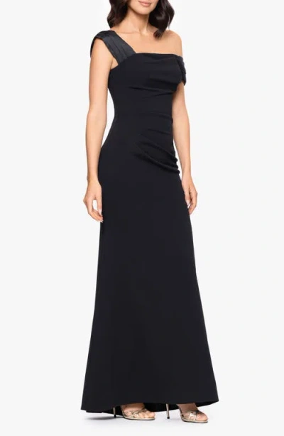 Betsy & Adam Ruched Off The Shoulder Scuba Column Gown In Black