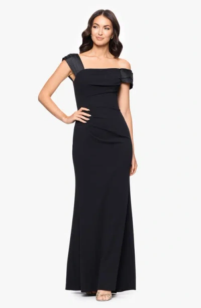 Betsy & Adam Ruched Off The Shoulder Scuba Column Gown In Black