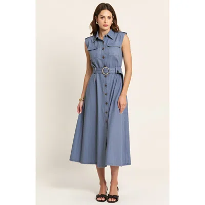Modenaire Belted A-line Midi Dress With Shoulder Buttons And Pockets In Blue