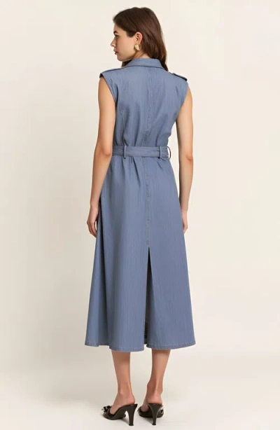Modenaire Belted A-line Midi Dress With Shoulder Buttons And Pockets In Blue