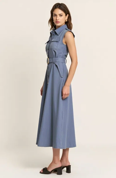 Modenaire Belted A-line Midi Dress With Shoulder Buttons And Pockets In Blue