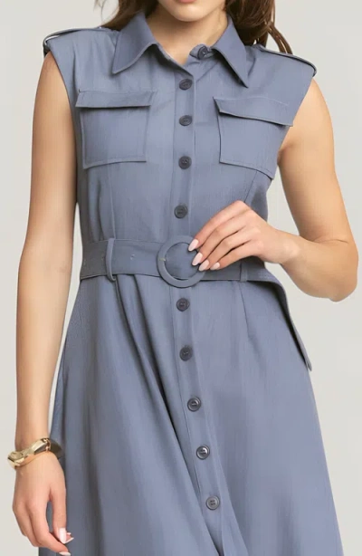 Modenaire Belted A-line Midi Dress With Shoulder Buttons And Pockets In Blue