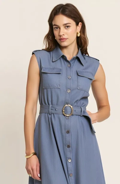Modenaire Belted A-line Midi Dress With Shoulder Buttons And Pockets In Blue