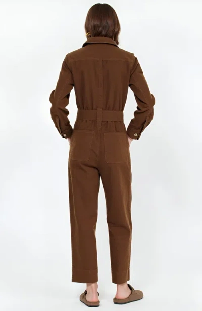 Modenaire Ribbed Long-sleeve Jumpsuit With Patch Pockets In Brown