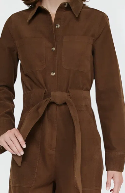 Modenaire Ribbed Long-sleeve Jumpsuit With Patch Pockets In Brown