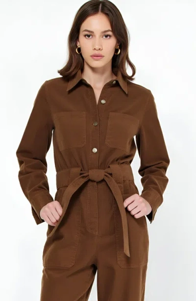 Modenaire Ribbed Long-sleeve Jumpsuit With Patch Pockets In Brown