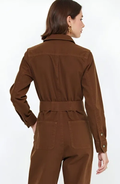 Modenaire Ribbed Long-sleeve Jumpsuit With Patch Pockets In Brown
