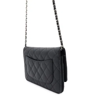 Pre-owned Chanel Black Grained Calfskin Chain/shoulder Wallet ()
