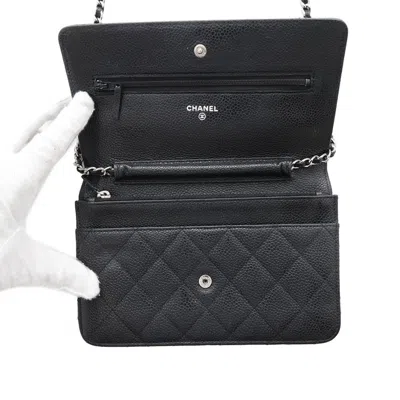 Pre-owned Chanel Black Grained Calfskin Chain/shoulder Wallet ()