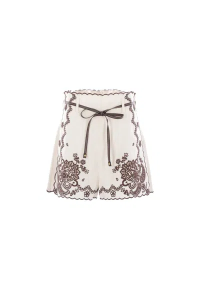 Zimmermann Womens Ivory Chocolate Ascension Embroidered Linen Shorts In Black