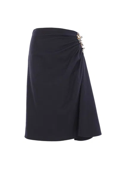 Dries Van Noten Navy Blue Draped Skirt With Brooch In Blue