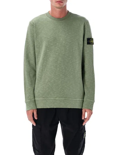 Stone Island Textured Crew Neck Cotton Sweatshirt In Green