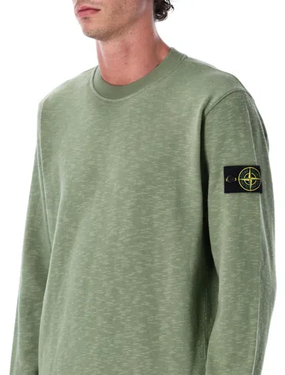 Stone Island Textured Crew Neck Cotton Sweatshirt In Green