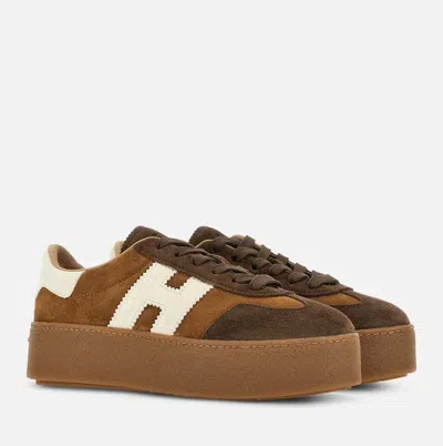 Hogan Platform Sneakers With Suede Upper And Contrasting Logo In Brown