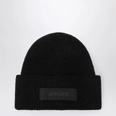 Jacquemus Black Ribbed Wool-blend Beanie Women In Black
