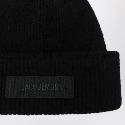 Jacquemus Black Ribbed Wool-blend Beanie Women In Black