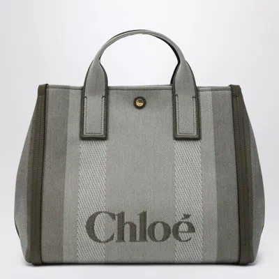 Chloé Carry Tote Bag In Dark Green Striped Canvas In Blue