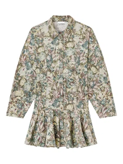Ganni Floral-print Buttoned Dress In Gray