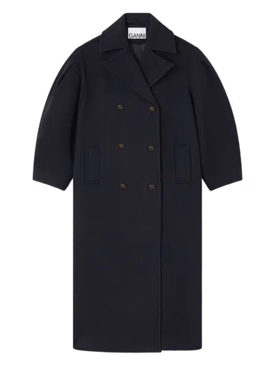 Ganni Balloon-sleeves Double-breasted Coat In Black