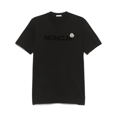Moncler Men T-shirt With Flocked Cotton Logo In Black