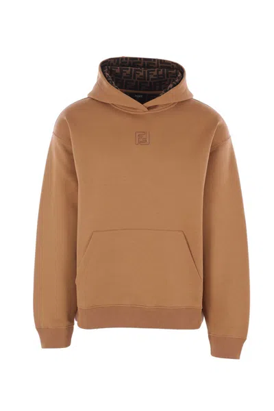 Fendi Men Cotton Hooded Sweatshirt In Brown