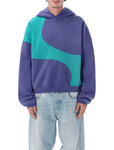 Erl Hooded Color Block Sweatshirt With Ribbed Cuffs And Hem In Blue