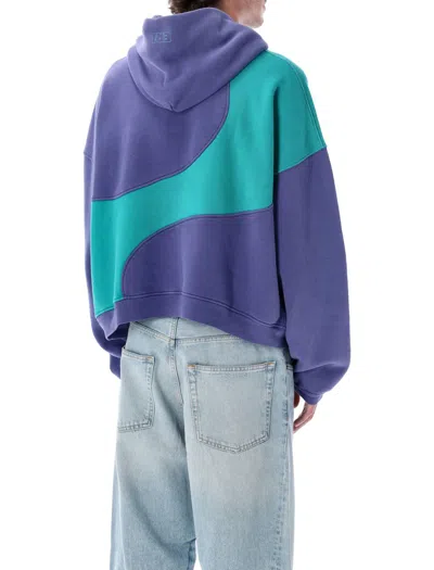 Erl Hooded Color Block Sweatshirt With Ribbed Cuffs And Hem In Blue