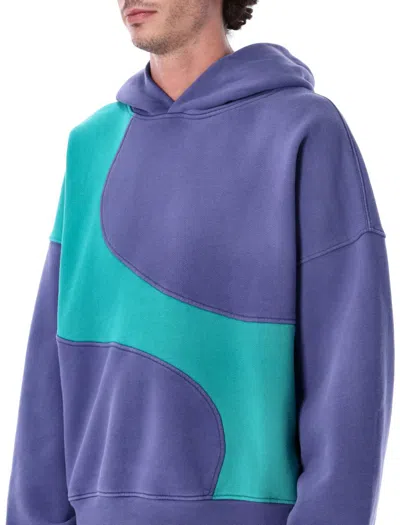 Erl Hooded Color Block Sweatshirt With Ribbed Cuffs And Hem In Blue
