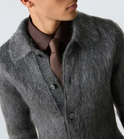 Gucci Men Grey Cardigan With Classic Collar And Brushed Effect In Mohair Blend Woman In Gray