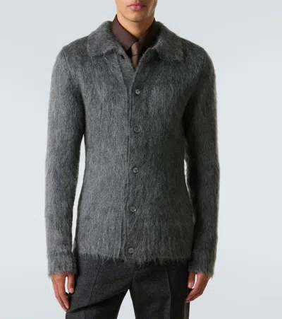 Gucci Men Grey Cardigan With Classic Collar And Brushed Effect In Mohair Blend Woman In Gray