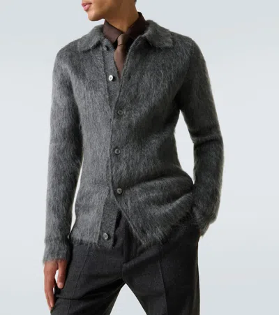 Gucci Men Grey Cardigan With Classic Collar And Brushed Effect In Mohair Blend Woman In Gray
